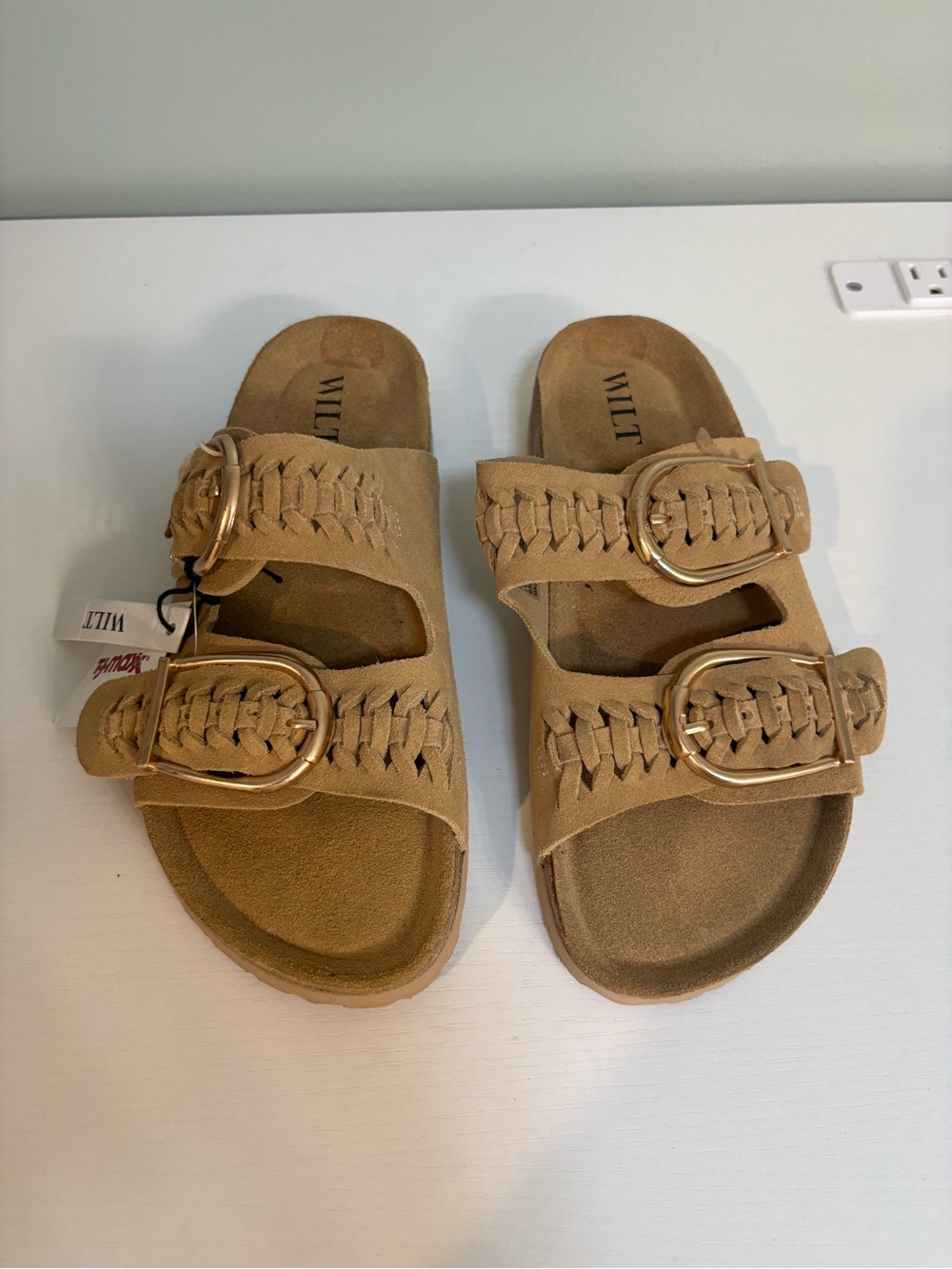 Wilton Tan Braided Double-Buckle Slide Mules